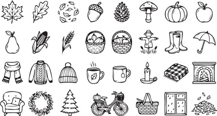 Obraz premium Fall season vector icon set featuring hand drawn sketchy illustrations of cozy autumn items for creative design projects and web decoration