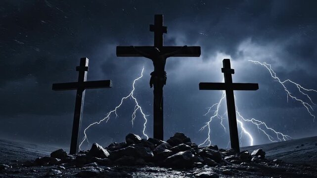 Three crosses on a hill during a powerful lightning storm with dramatic sky lighting and atmospheric effects