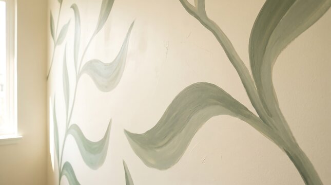 Close-up view of a hand-painted wall mural featuring flowing green leaf designs in a light-colored room.