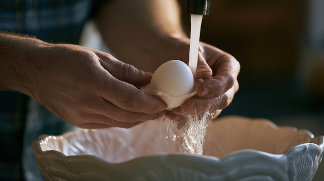 Home Cooks Hands Peeling a Hard-boiled Egg Under Tap Water, High-end Commercial Photography, Soft Diffused Morning Light, Clean Negative Space