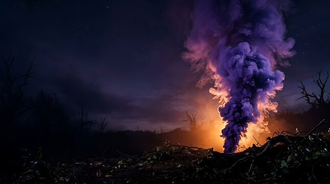 Vibrant purple smoke billows into the dark night sky from a glowing orange fire base amidst barren trees under a vast landscape of bright stars