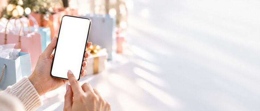 Woman holding smartphone with blank white screen mockup surrounded by christmas gift bags
