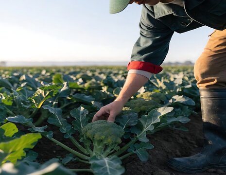 Close up of farmer hand reaching out to inspect green broccoli plant in agricultural field