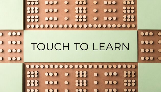Tactile learning board with wooden pegs and light green panels in a flat lay view with board raised circular panels text touch touch learn accessibility communication