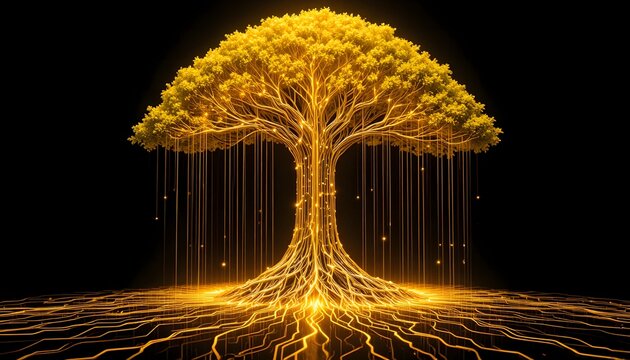 glowing golden digital tree with nervous network circuit roots and hanging light lines on black background