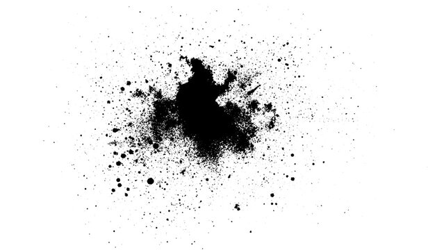 Abstract Black Ink Splash and Splatter. Black Powder Explosion Effect on White