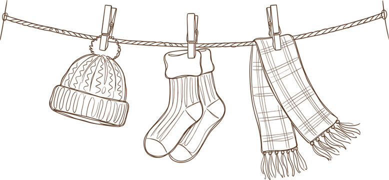 Winter Clothes Hanging On Clothesline Line Art Illustration Set