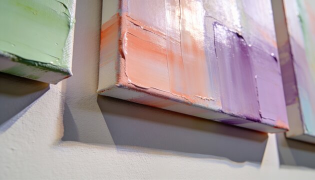 Displaying central stretched canvas edge showing thick textured impasto on pale wall, with shadows