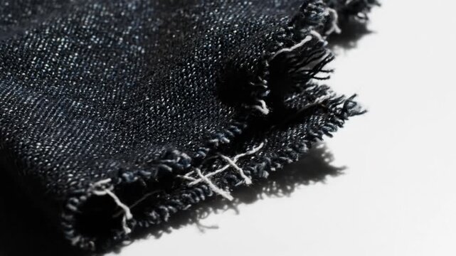Close-up of a dark denim fabric with frayed edges, revealing the woven texture and white threads.