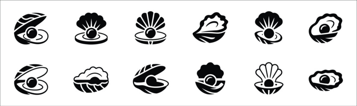 Oyster shell with pearl icons, marine sea shell mollusk black silhouette symbols, ocean nature jewelry vector illustration.