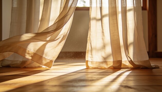 Billowing sheer beige curtains swaying near low window, casting light across wood floor, dust motes