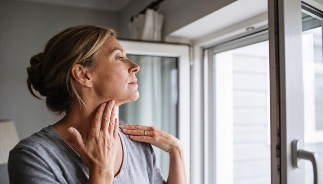 Touching senior woman gazing out open glass door with handle, wearing grey T-shirt, ring showing