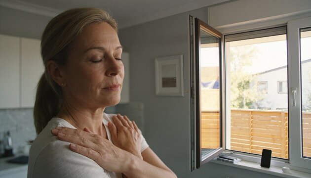 Breathing woman arms crossed at kitchen casement window, phone notebook pen on sill, fence outside