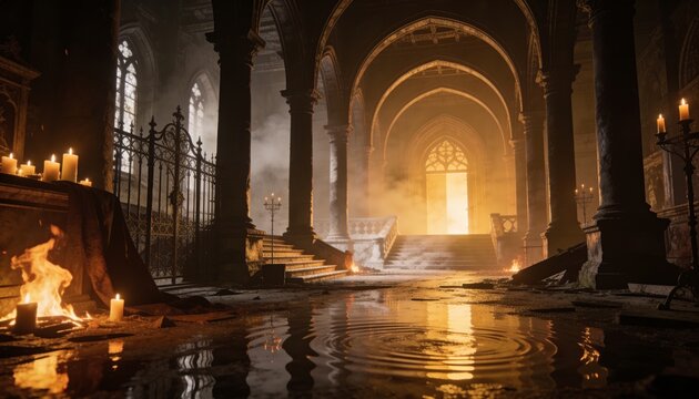 Bathing central nave with vaulted arches and stone columns in warm backlight, candles shimmering