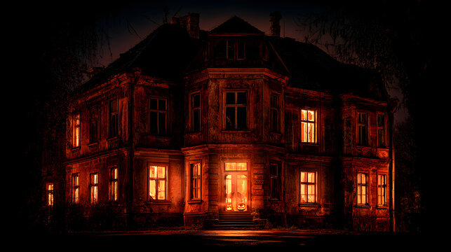 Halloween wallpaper, creepy old mansion with broken windows in an old haunted town, warm pumpkin glow against dark night,