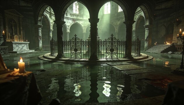 Reflecting central stone fountain with ironwork fence in flooded chapel, showing candle reflections