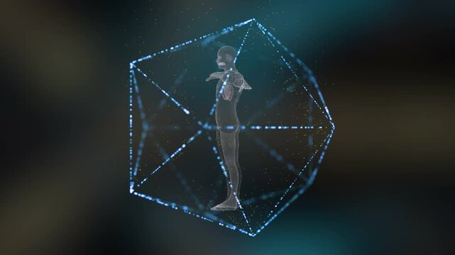 Digital wireframe human body model with glowing lungs inside a geometric polyhedral structure representing advanced medical technology and health diagnostics