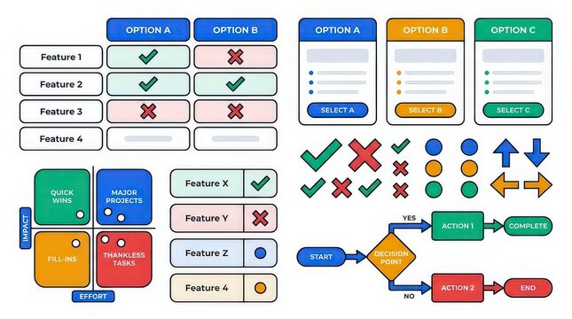 Set of modern infographic elements including pricing tables comparison charts flowcharts and various checkmark icon designs