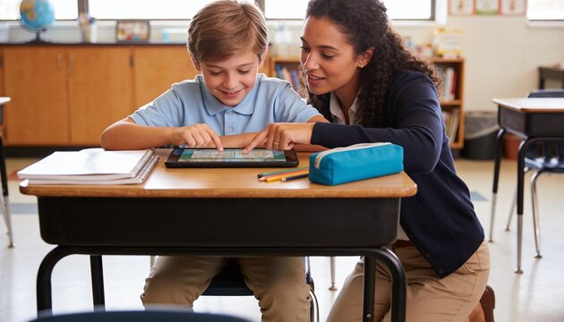 Guiding teacher in navy cardigan beside student wearing polo, pointing at tablet on desk in class