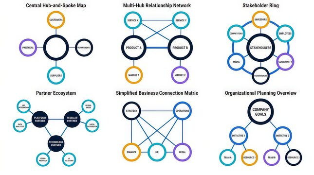 Set of six different diagram types showing various network structures and organizational flow chart connection patterns