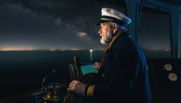 A ship captain gazing at the starry night sky from the bridge.