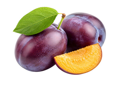 Purple plum fruit with green leaf, fresh ripe plums, sweet organic plum slice isolated on Transparent Background