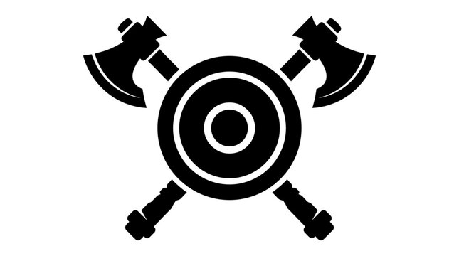 Viking crossed axes and round shield vector icon, medieval warrior battle equipment silhouette, ancient nordic weapon emblem for gaming and logos