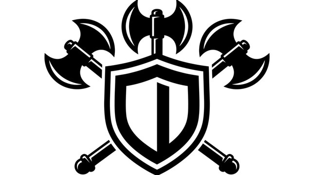 Medieval heraldic shield with crossed battle axes, black and white warrior crest vector, ancient protection symbol for gaming and security logos