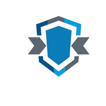 Blue and gray shield emblem with ribbon elements
