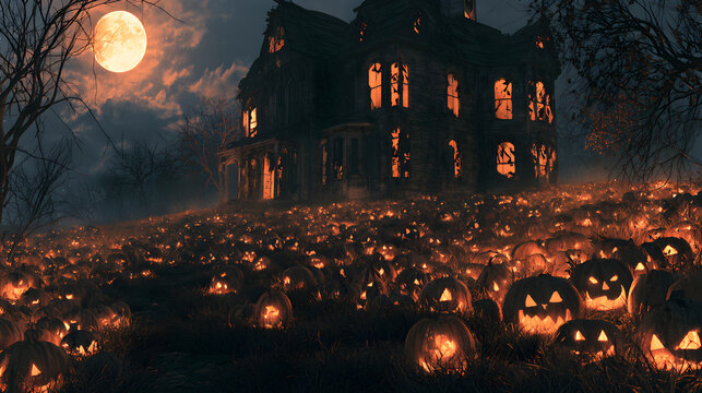 Halloween wallpaper, creepy old mansion with broken windows in a glowing jack-o-lantern field, spooky moonlit glow