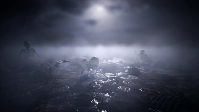 3D Background of Foggy night crawling skeleton