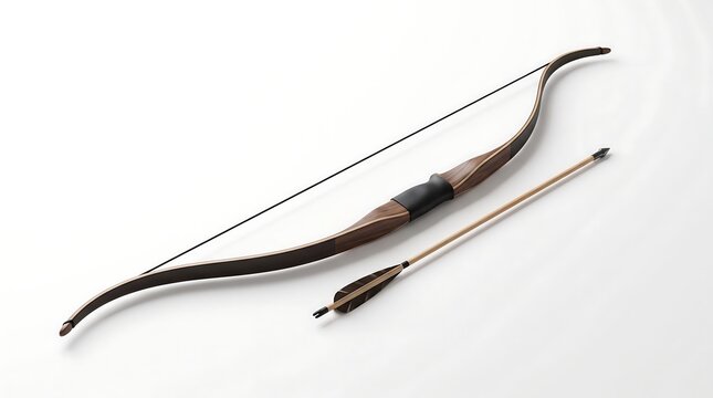 Traditional wooden archery bow and arrow with white background