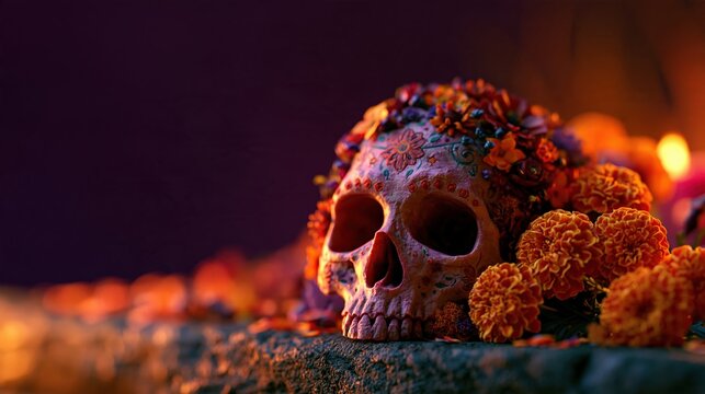 Floral skull with orange marigolds and candles on stone shelf against deep aubergine background