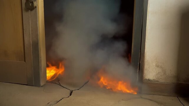 Electrical wire smoldering with intense flame near doorway during a dangerous fire hazard
