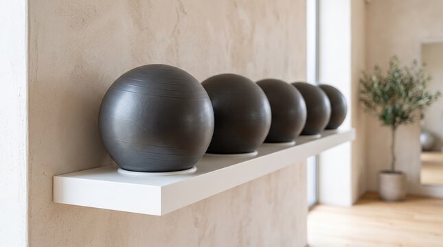 A neat row of dark grey pilates balls arranged on a modern white wall shelf in a bright fitness studio interior with neutral decor and soft daylight