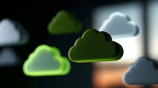 Sleek green and gray cloud icons float in a dark space with soft glowing edges and blurred background lighting