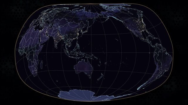 Bertin 1953 world map animation. Rotating Earth at night with glowing city lights. Cyan and white country borders with soft glow. Amber graticule lines. Dark hexagonal background. Seamless loop.