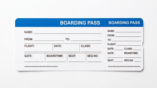 Blue and white blank airline boarding pass template isolated for travel vacation planning on white background