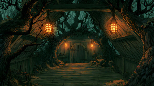 Halloween wallpaper, dark forest path lit by lanterns in a creepy old attic, haunting orange glow, eerie green and black palette, hand-drawn spooky storybook style, rich moody textures