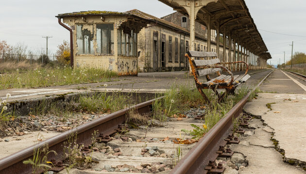 Abandoned train station with rusted tracks and deteriorating platform structures.