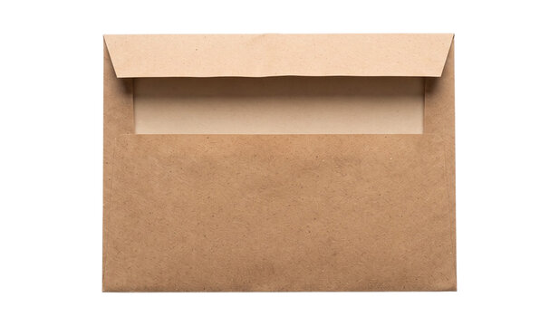 Open craft paper envelope with a rectangular flap, back view of an empty mail package on transparent background.