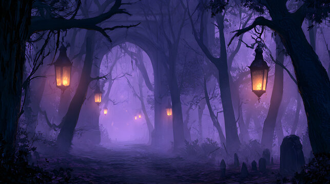 Halloween wallpaper, dark forest path lit by lanterns inside a dusty haunted hallway, deep autumn night chill, shadowy violet and black palette