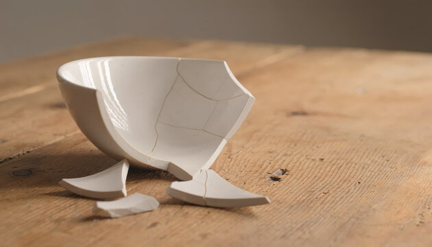 Broken white ceramic bowl with shattered pieces on wooden surface.