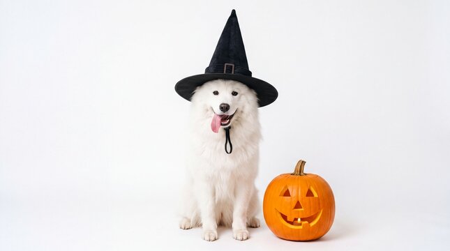 Fluffy Samoyed dog wearing black witch hat sitting next to carved jack o lantern on white background