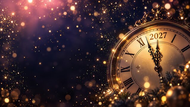 New Year 2027 Countdown Vintage Clock with Golden Bokeh and Sparkles on Dark Background