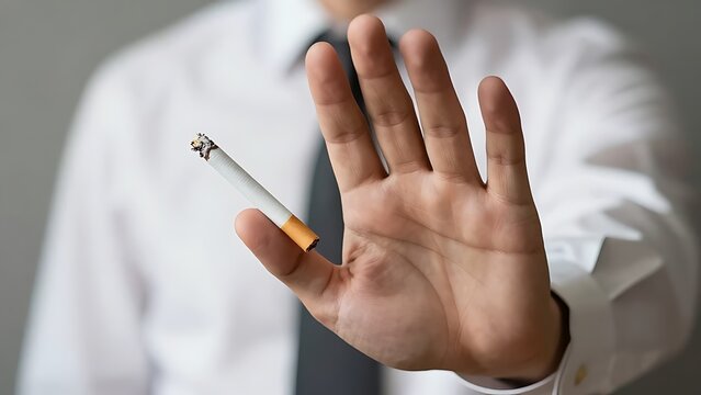 Man gesturing with a stop hand sign to refuse an offered cigarette from another person for smoking cessation, health awareness, and bad habit quitting concepts.