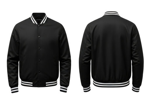 Black varsity baseball jacket front and back view isolated on transparent background