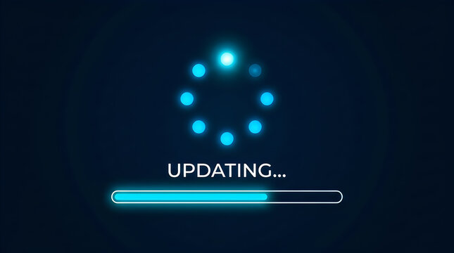 Digital loading bar with glowing blue progress indicator and circular spinner icon on a dark background representing software update process