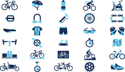 Cycling and Bicycle Equipment Icons Set with Bike Gear, Helmet, and Accessories Illustration © Prasanta