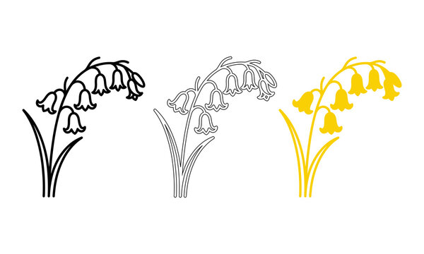 Set of bluebell flower vector illustrations with black line art, outline, and solid yellow silhouette designs.